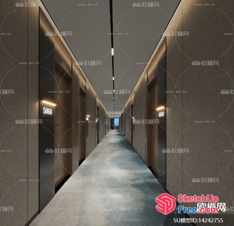 Long Hallway With Numbered Doors And Lights 3D SketchUp File