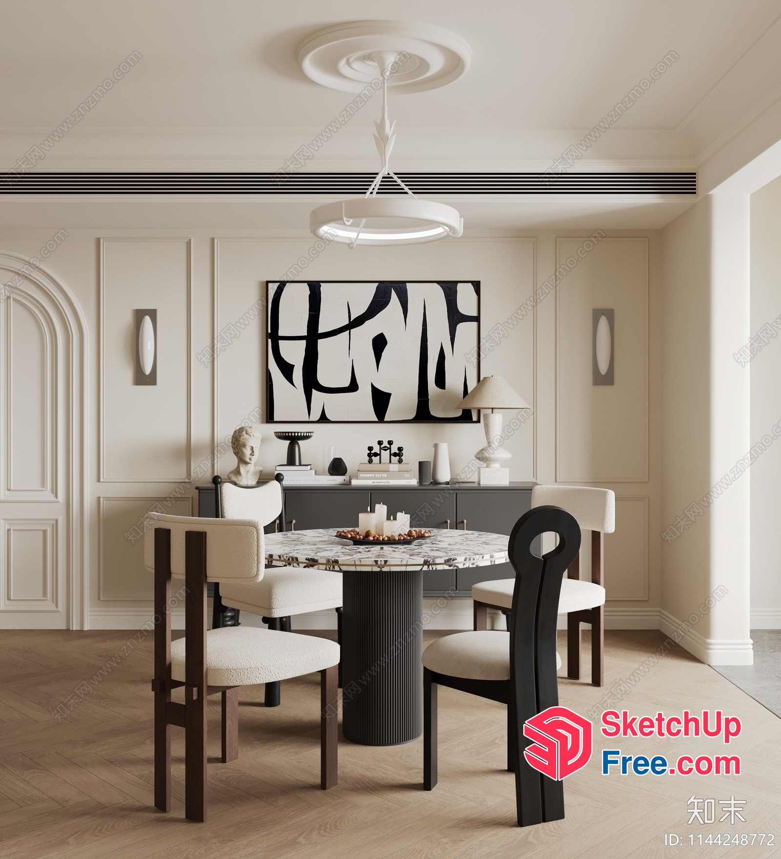 Modern Dining Room With Classic Moulding And Elegant Furniture 3D SketchUp File