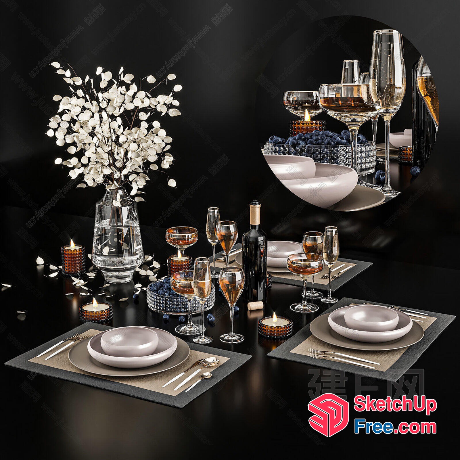 Elegant Table Setting With Wine And Flowers 3D SketchUp File