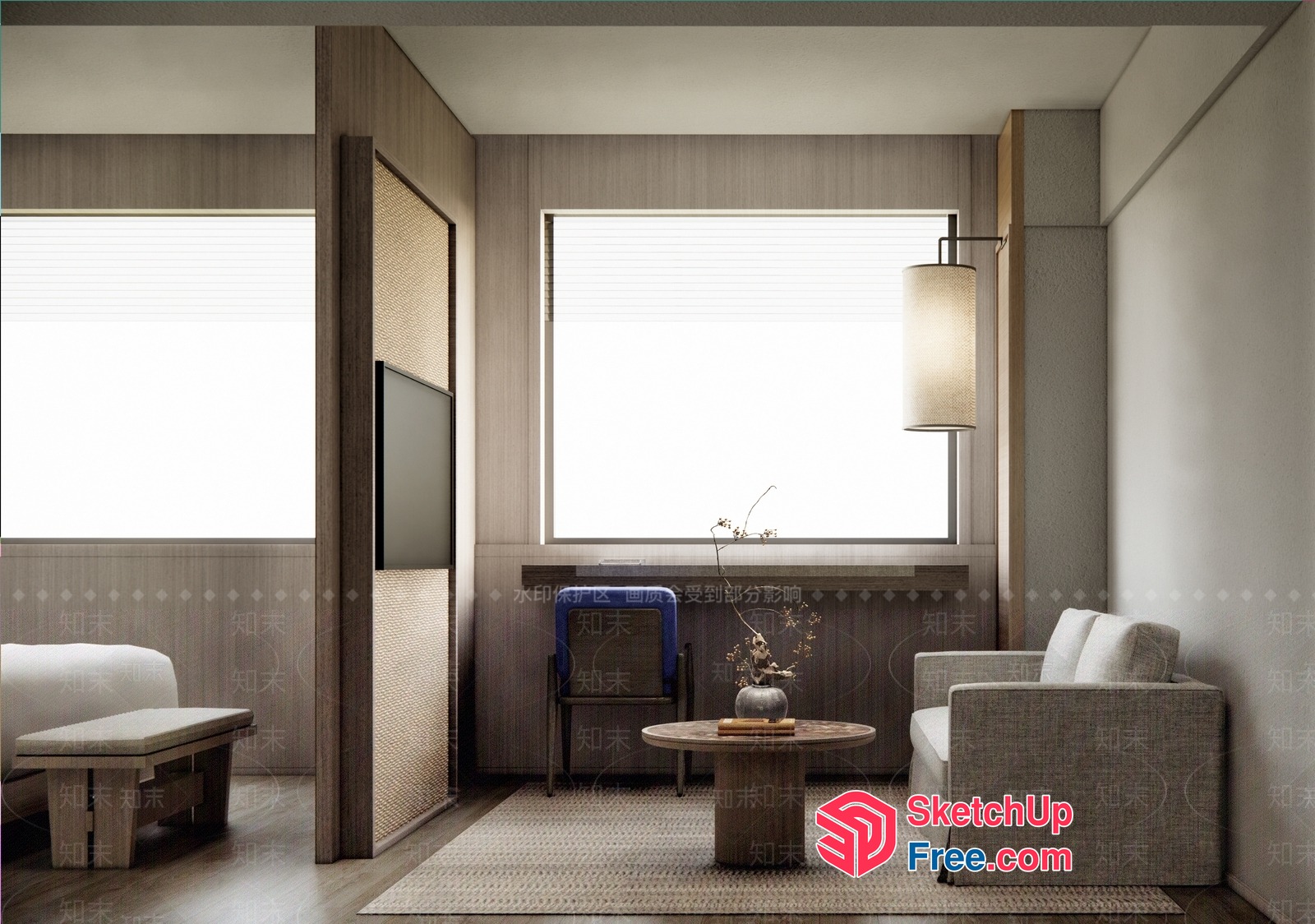 Minimalist Japanese Style Living Room With Natural Wood Accents 3D SketchUp File
