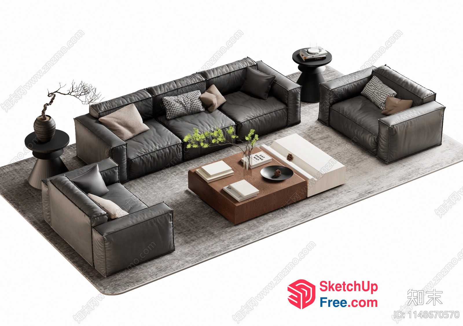 Modern Living Room Furniture Set With Dark Leather Sofa And Chairs 3D SketchUp File