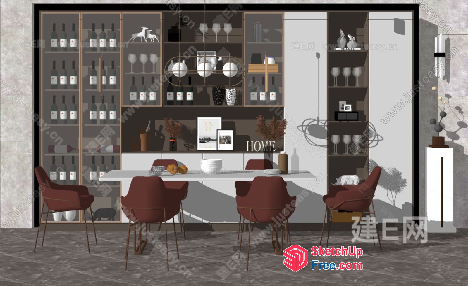 Modern Dining Room With Wine Cabinet And Bar Chairs 3D SketchUp File