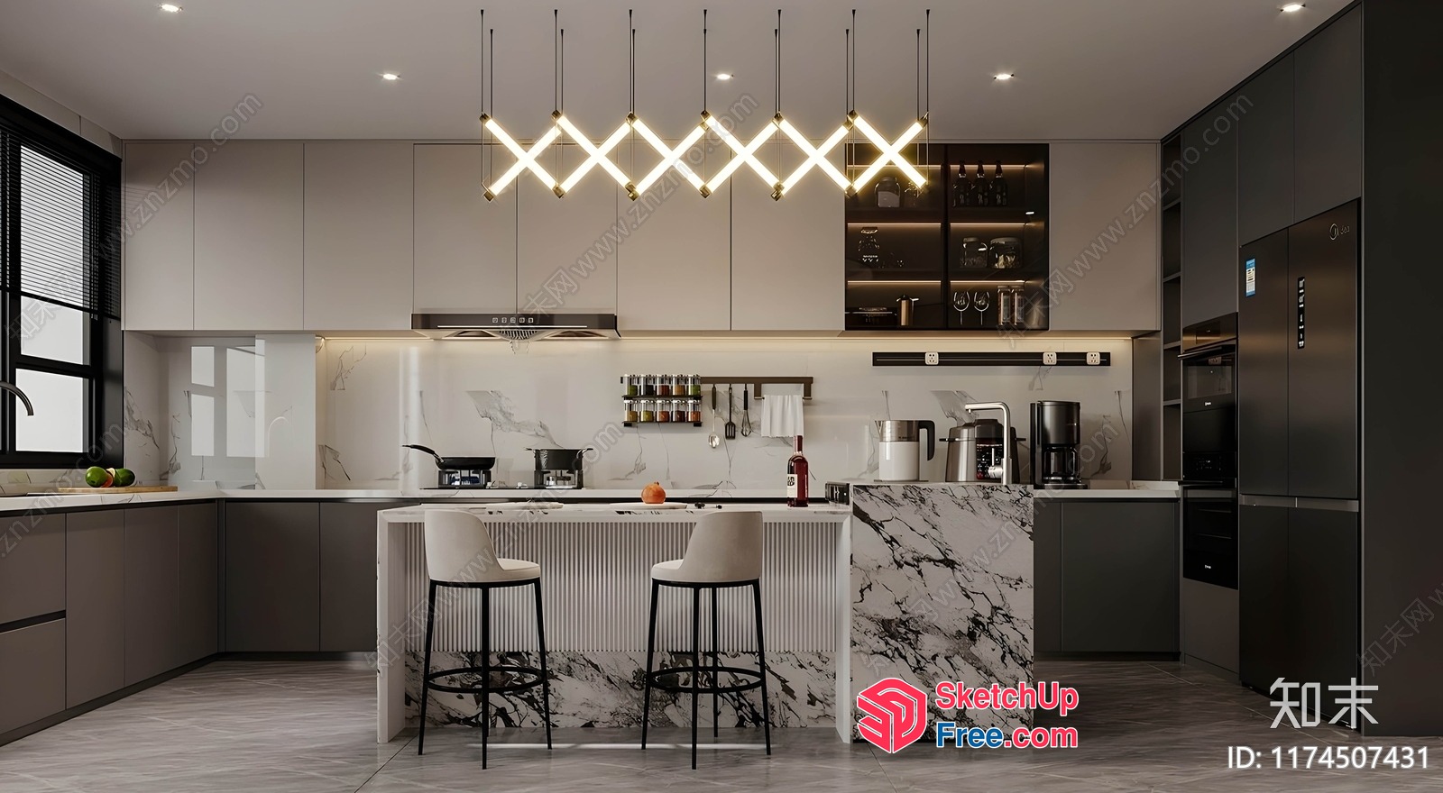 Modern Kitchen Interior With Island And Stools 3D SketchUp File