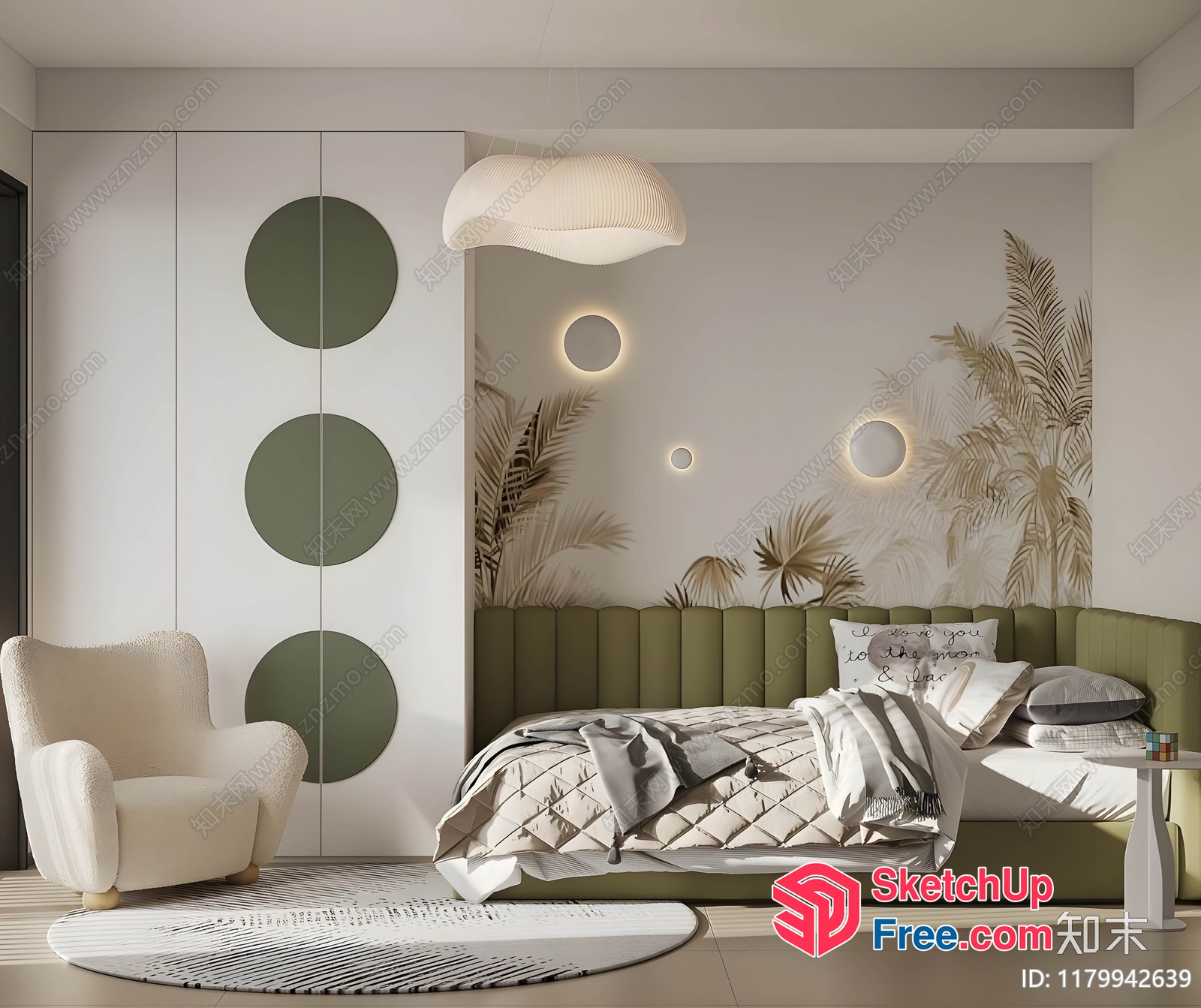 Minimalist Bedroom With Green Accent Wall 3D SketchUp File