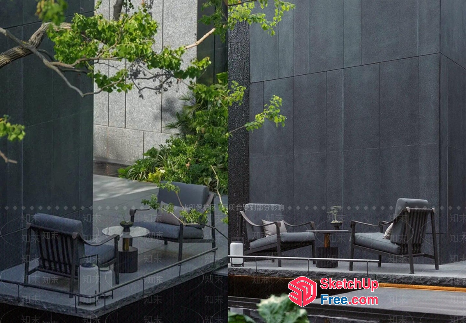 Modern Outdoor Seating Area With Pillars And Railing 3D SketchUp File