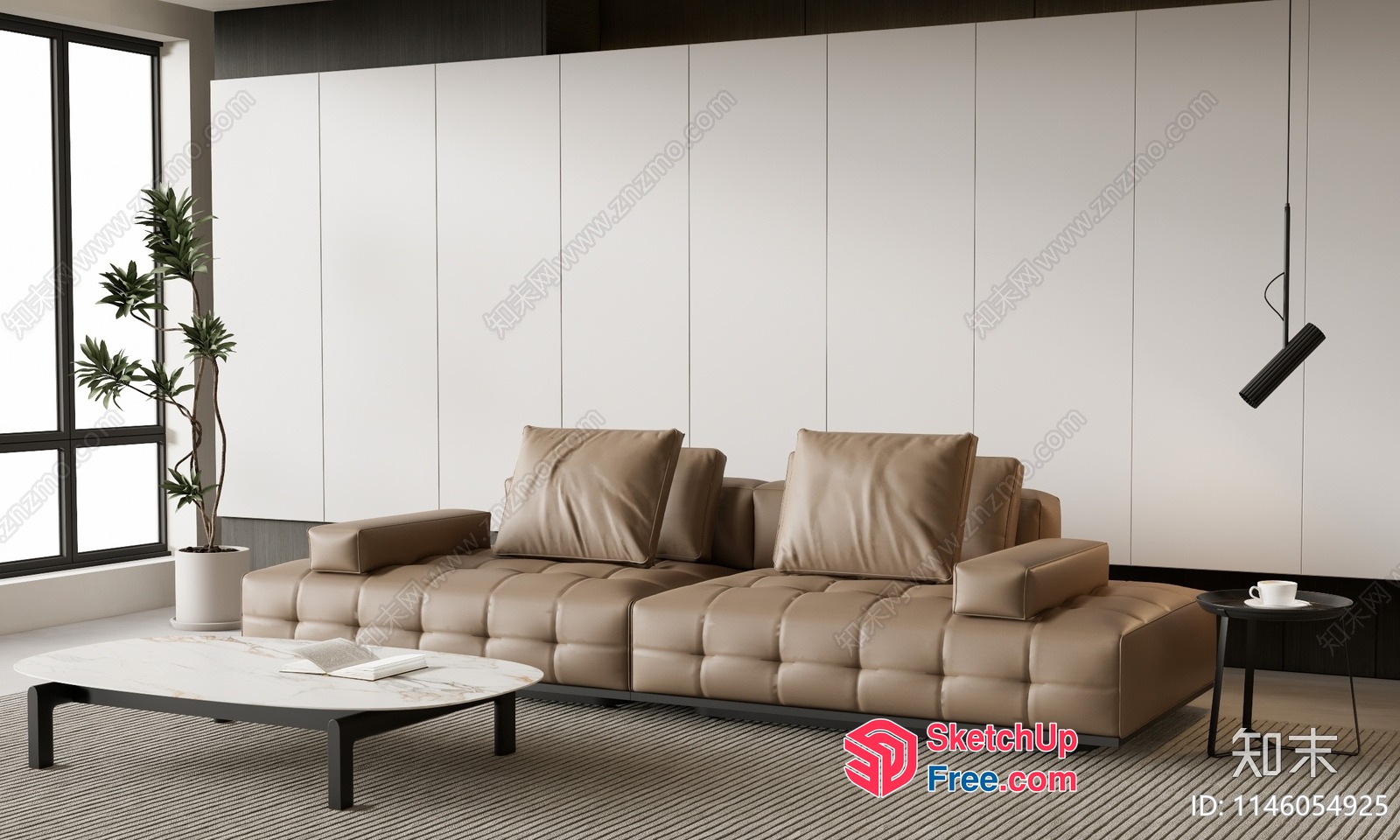 Modern Minimalist Living Room With Leather Sofa And Coffee Table 3D SketchUp File