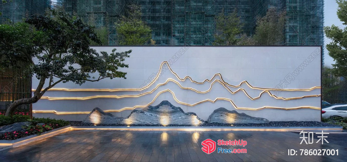 Modern Outdoor Lighting Design With Mountain Silhouette 3D SketchUp File