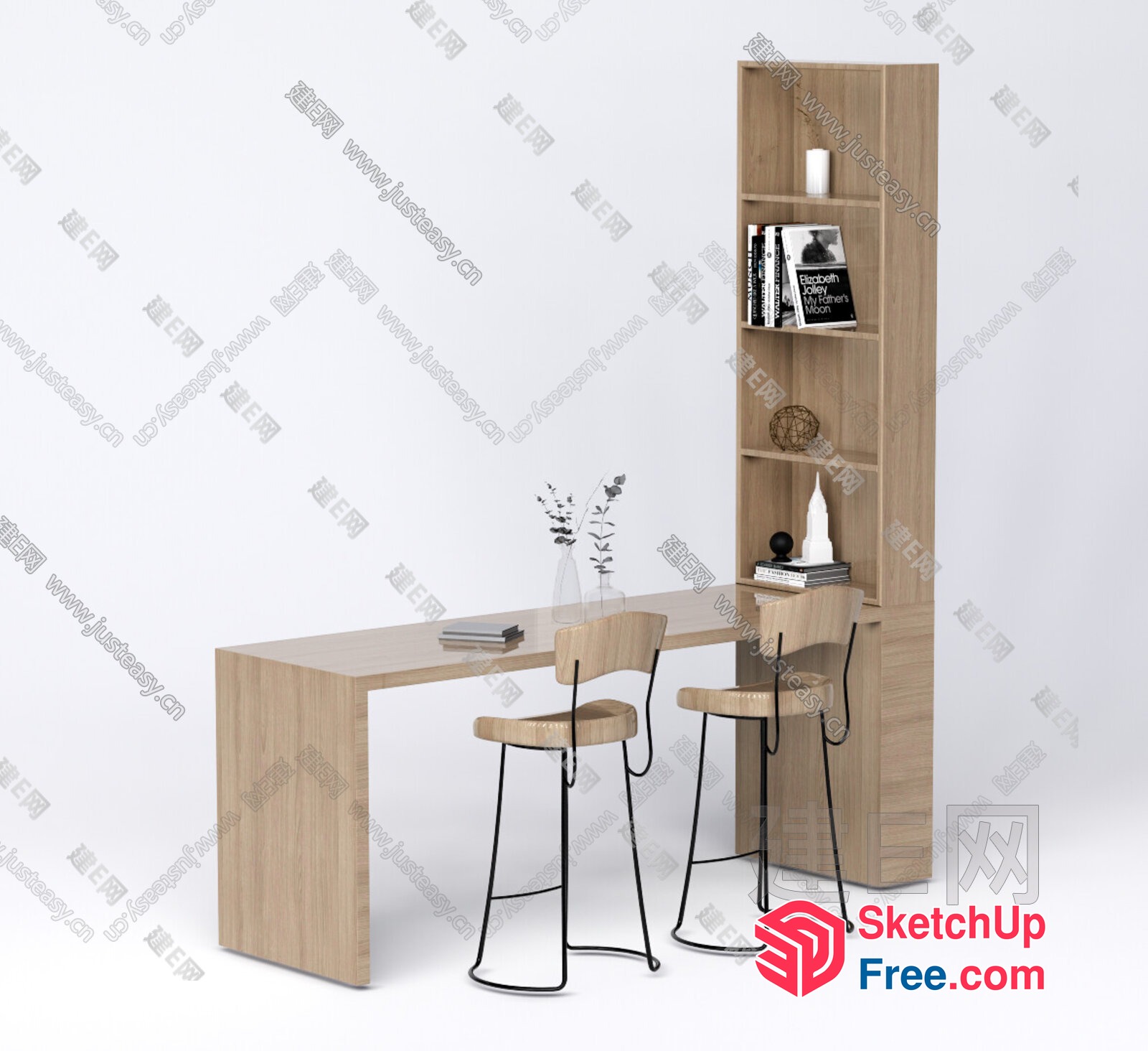 Minimalist Study Room With Light Wood Furniture 3D SketchUp File