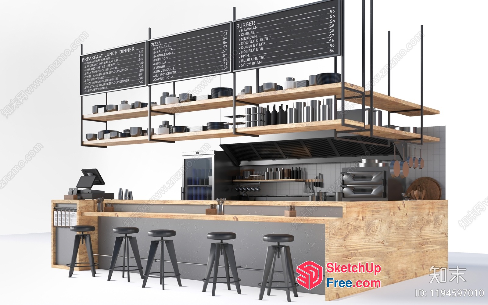 Modern Restaurant Interior With Wooden Accents 3D SketchUp File