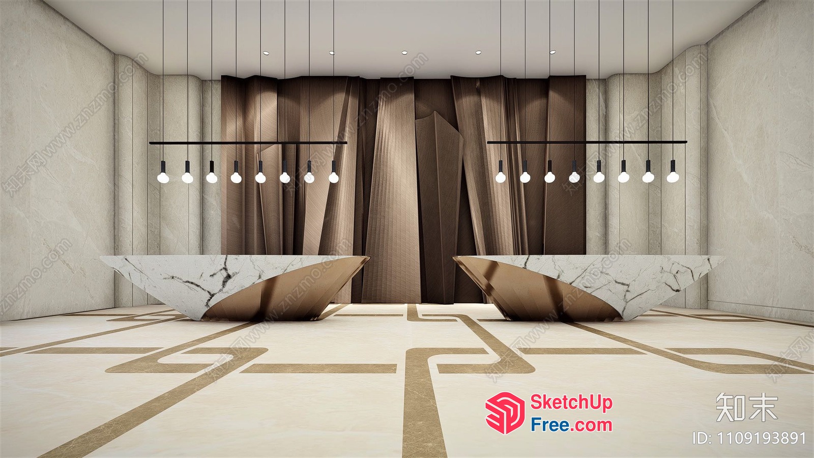 Marble And Metal Reception Desks In Modern Interior 3D SketchUp File