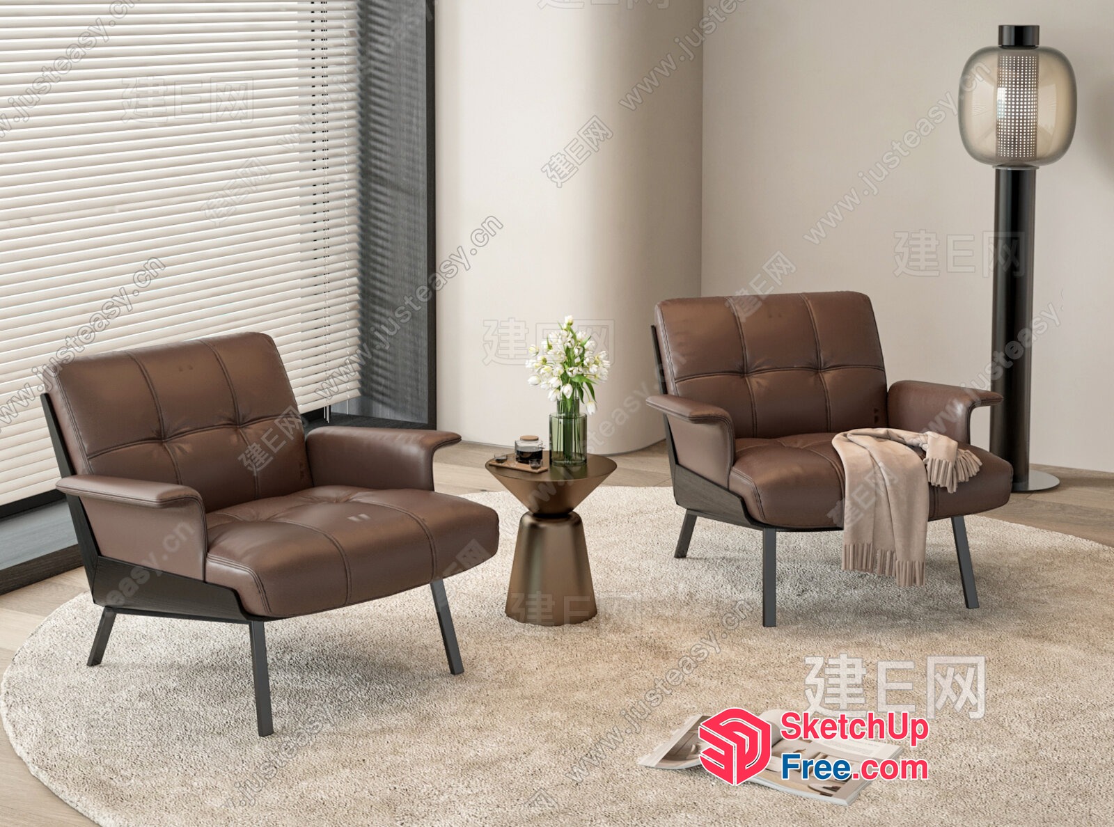 Modern Minimalist Living Room With Brown Leather Chairs And Creamy Rug 3D SketchUp File
