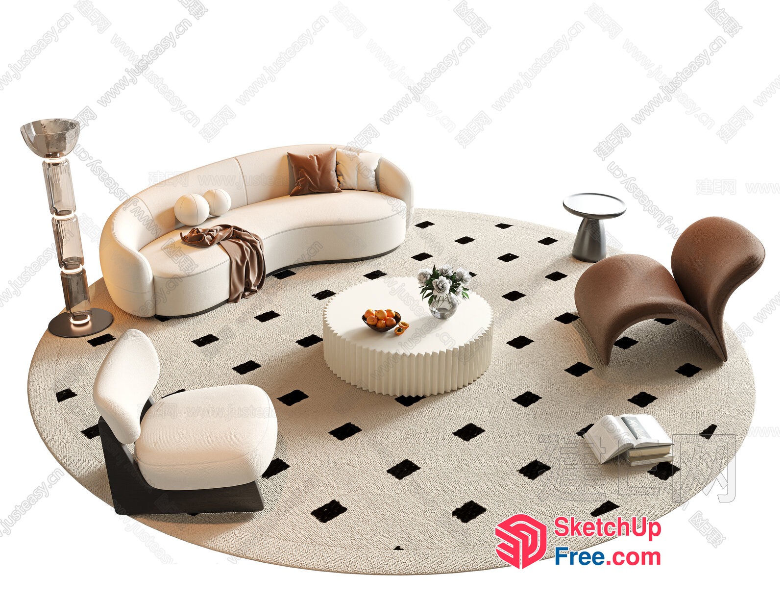 Modern Creamy Style Living Room With Elegant Furniture 3D SketchUp File