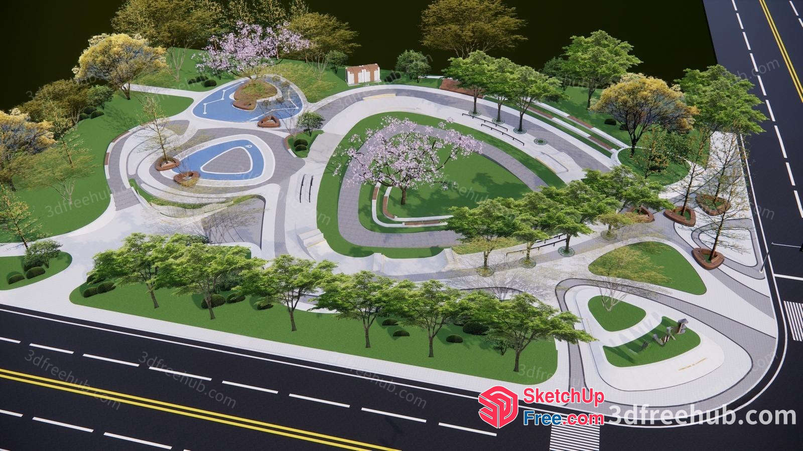 3D Model Of A Park With A Road And Trees 3D SketchUp File