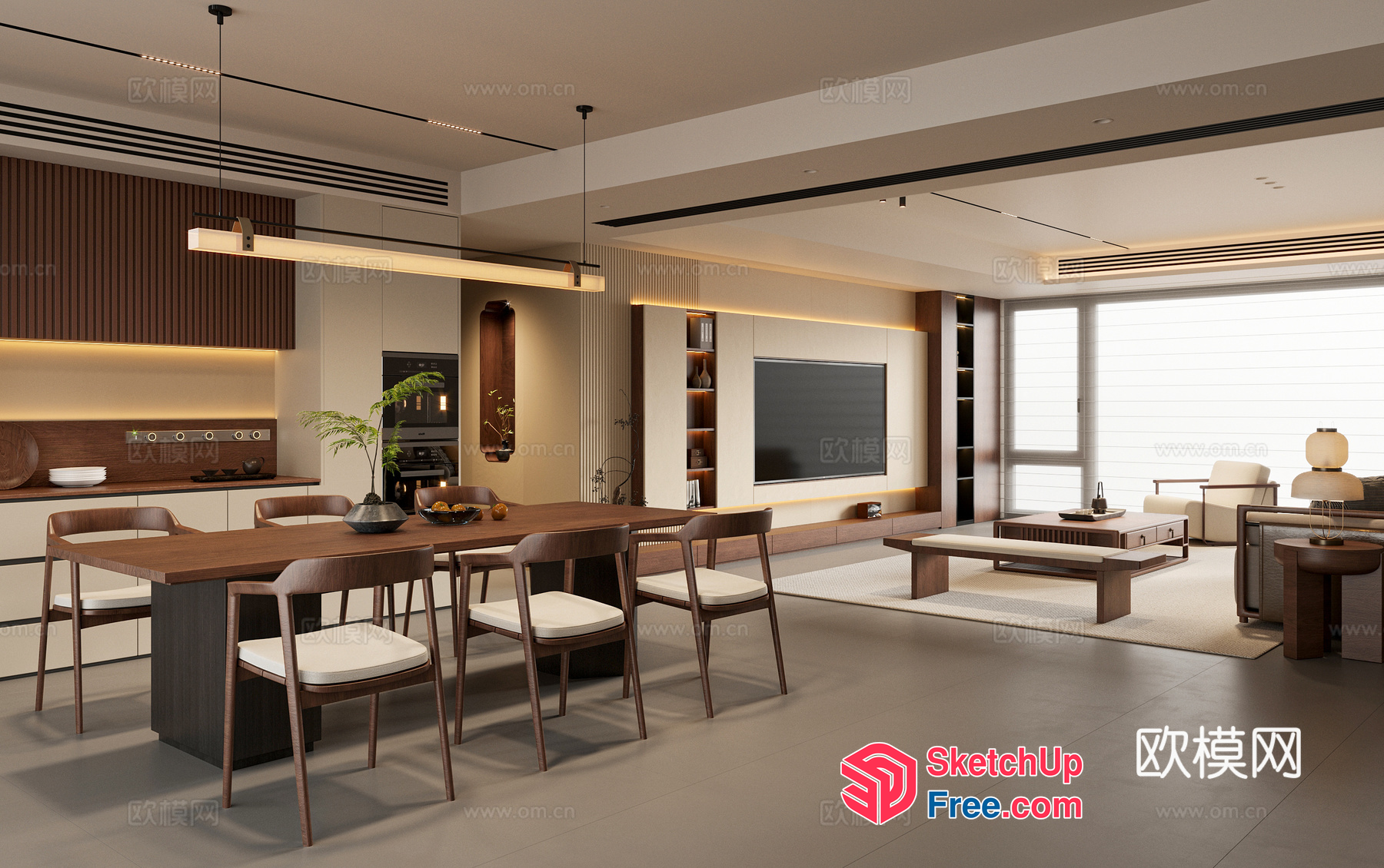 Modern Japanese-Inspired Living Room With Dining Area 3D SketchUp File