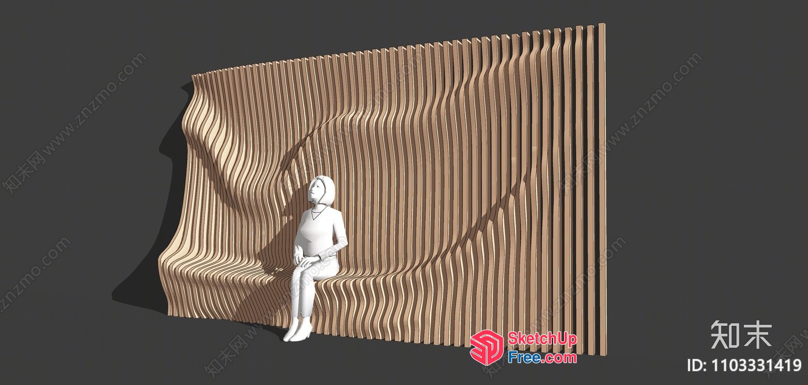 Wavy Wooden Bench With Carved Woman 3D SketchUp File