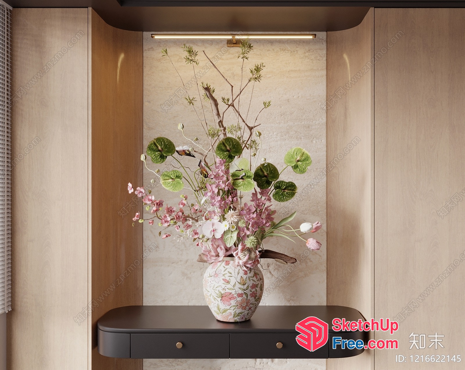 Elegant Floral Arrangement In White Vase On Dark Shelf 3D SketchUp File