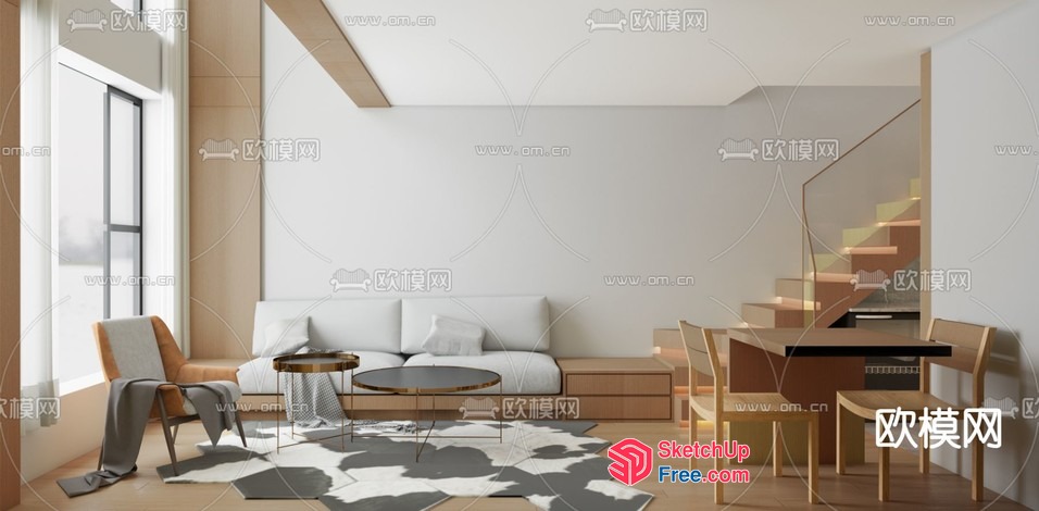 Modern Minimalist Living Room With Natural Wood Accents 3D SketchUp File