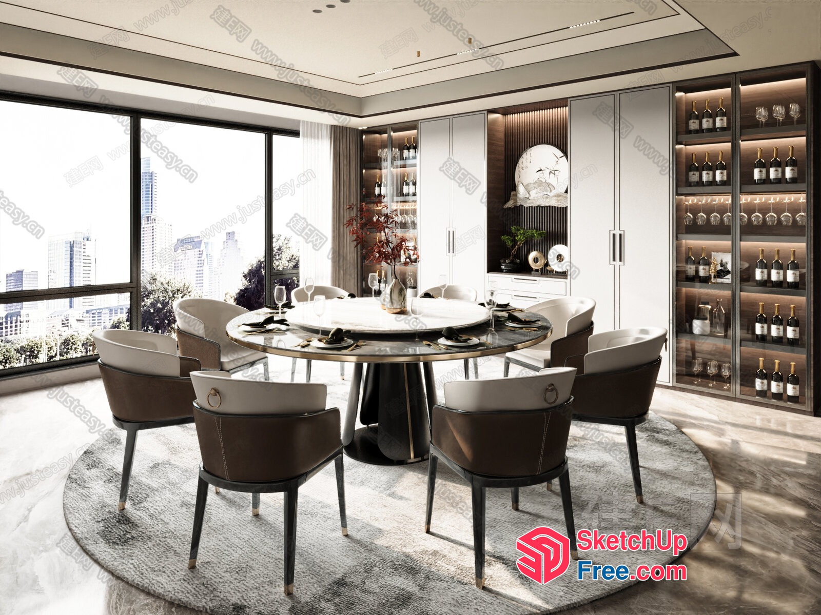 Luxurious Modern Dining Room With Stunning City View 3D SketchUp File