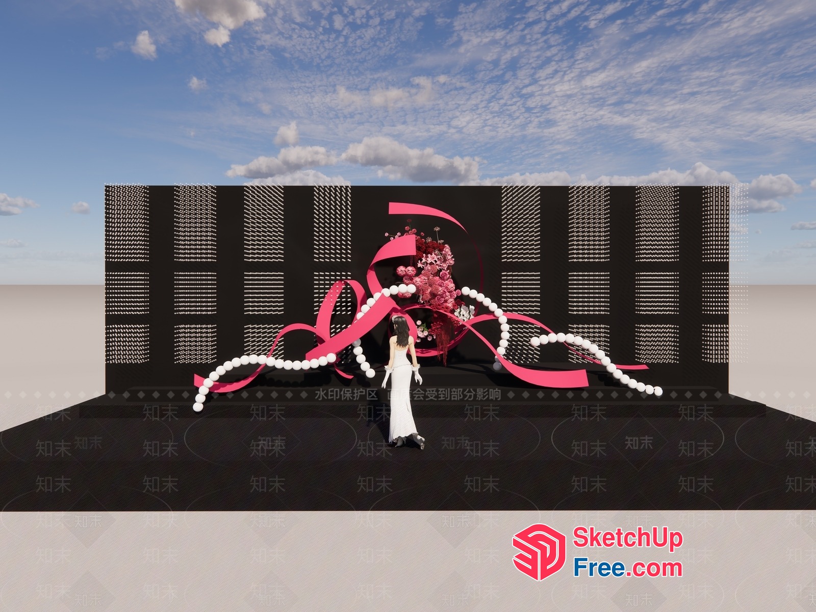 Elegant Floral Display With Pink Ribbon And Ball Details 3D SketchUp File