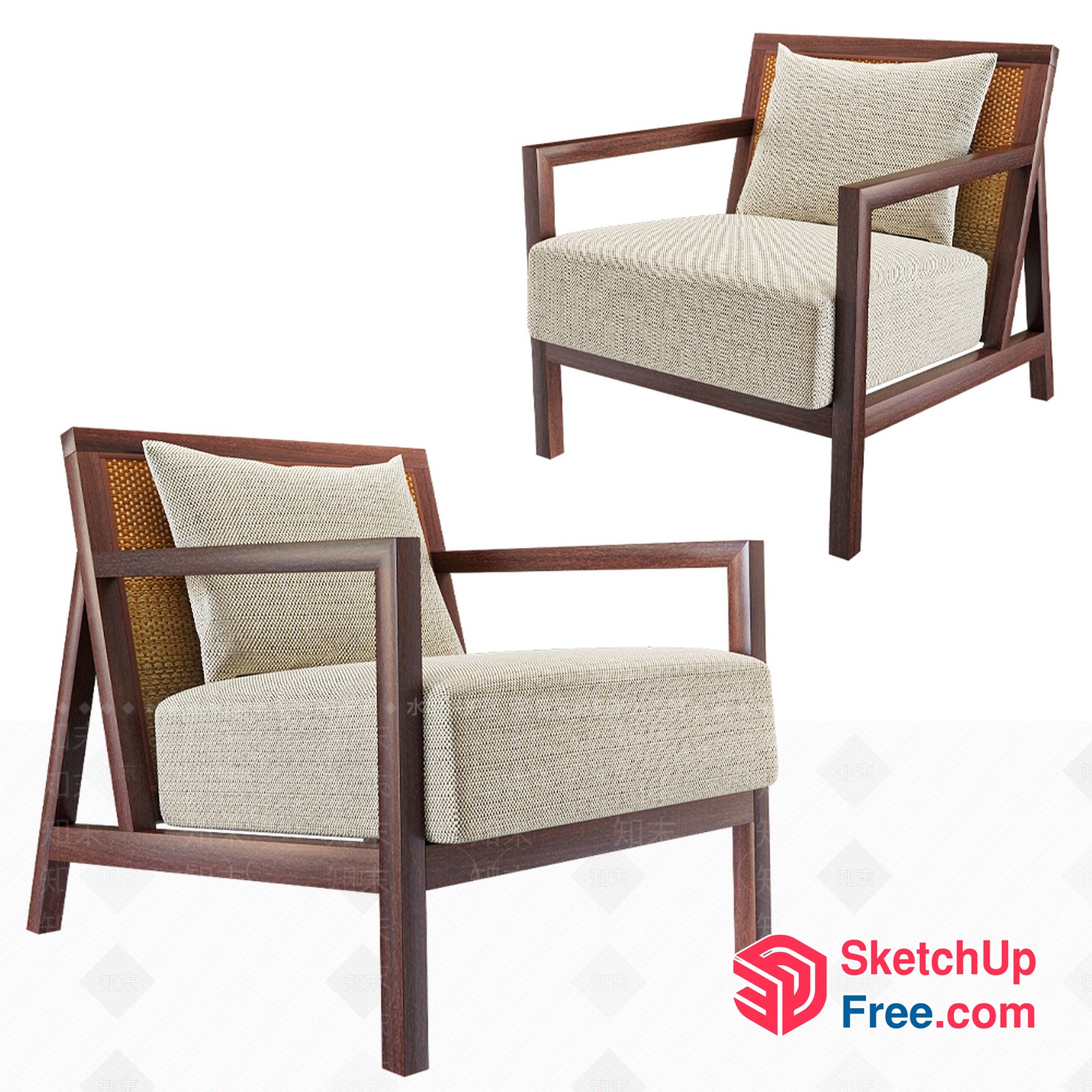 Modern Minimalist Wooden Armchair With Cushions 3D SketchUp File