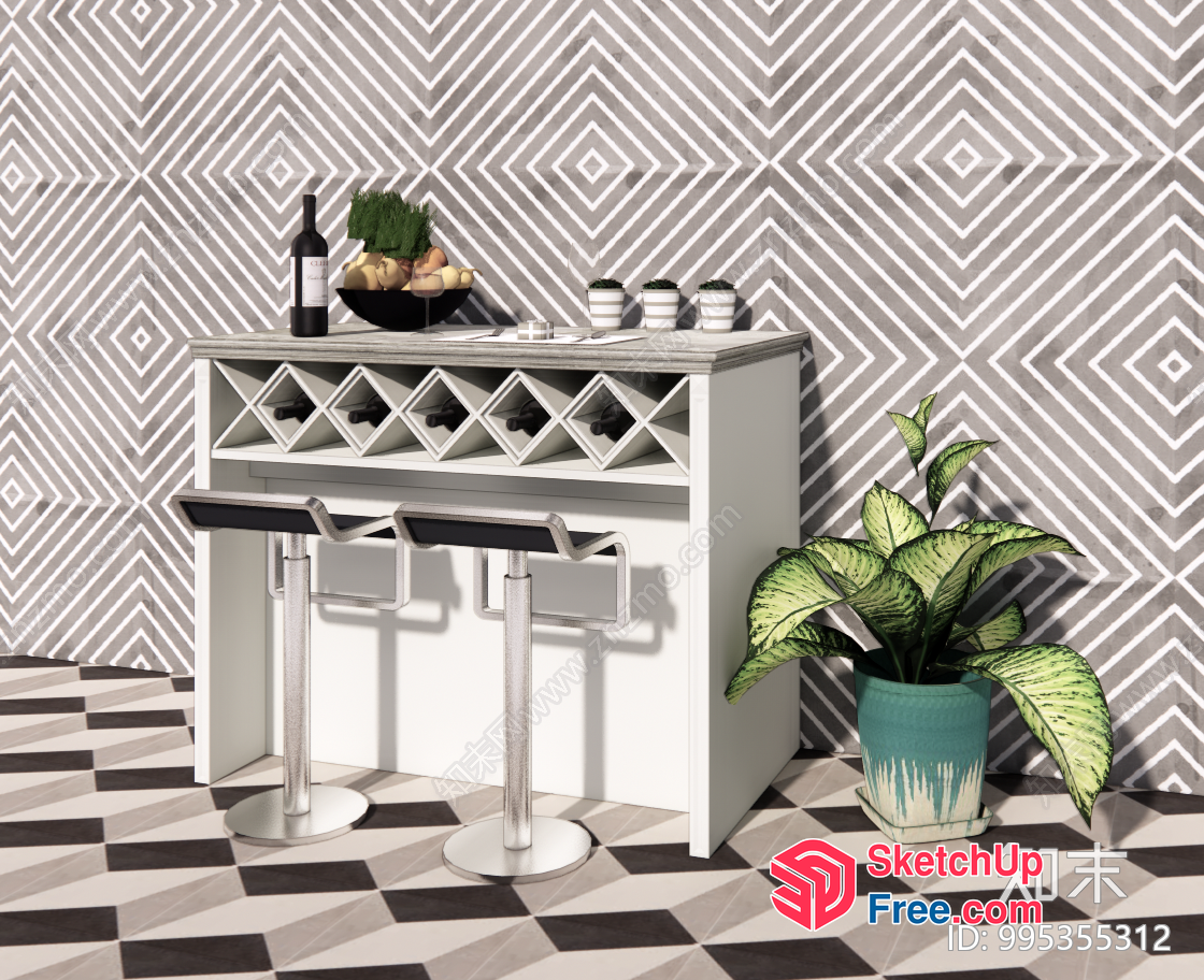 Modern Interior With Wine Rack And Stools 3D SketchUp File