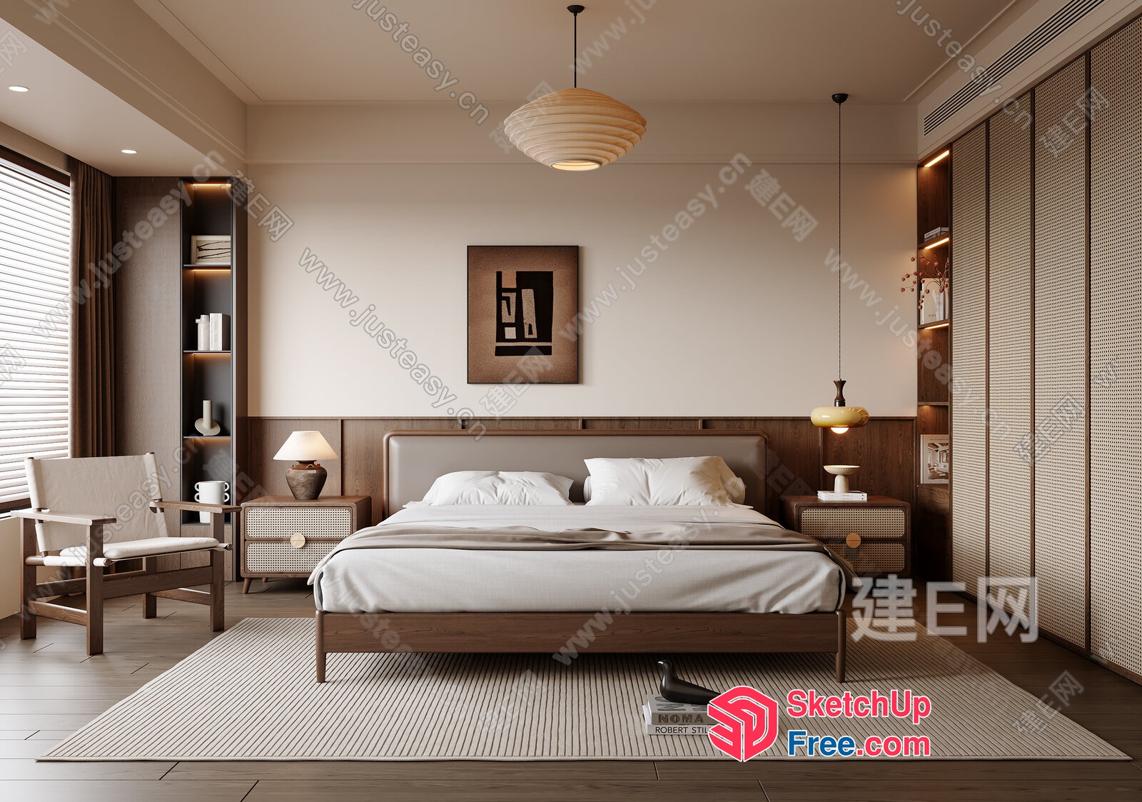 Modern Minimalist Bedroom With White Bedding And Wood Accents 3D SketchUp File