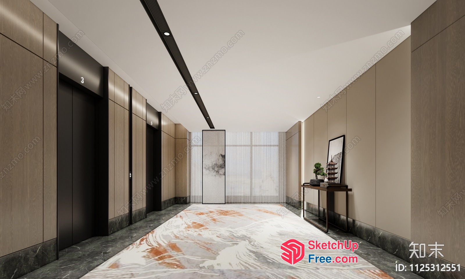 Modern Commercial Building Interior With Elevators And Marble Floor 3D SketchUp File