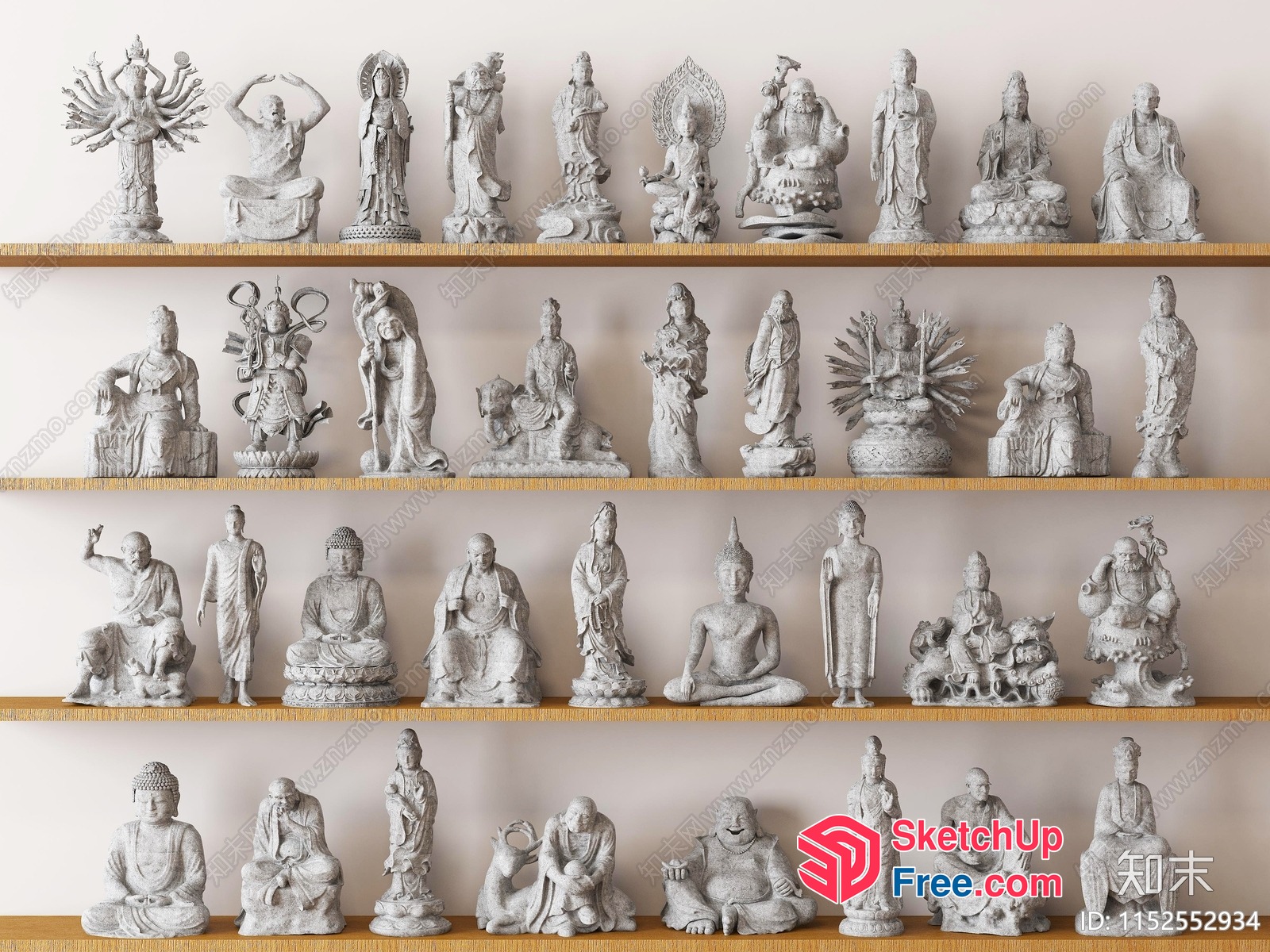 Buddhist Statues Displayed On Wooden Shelves 3D SketchUp File