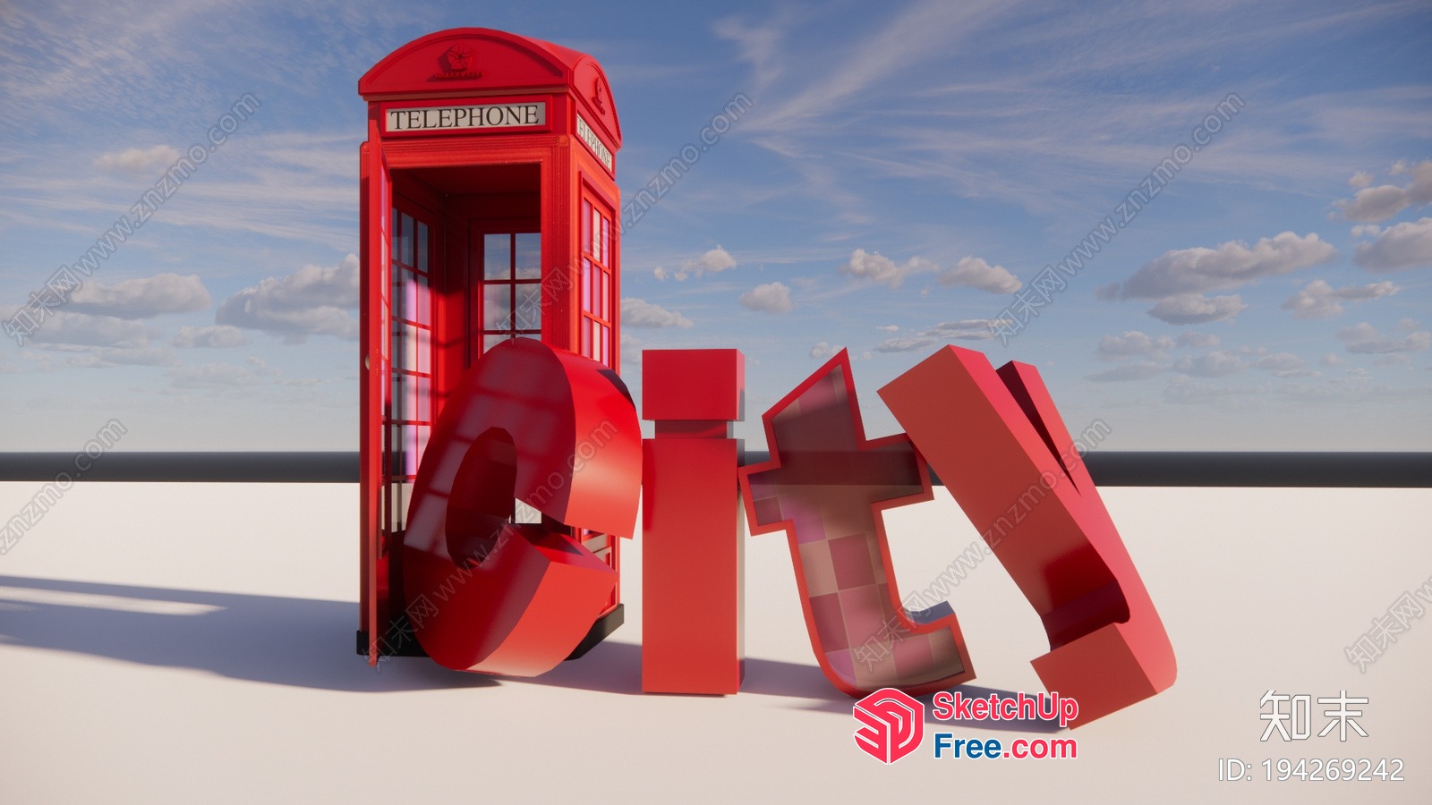 3D Red Telephone Booth And Large Red Text 3D SketchUp File