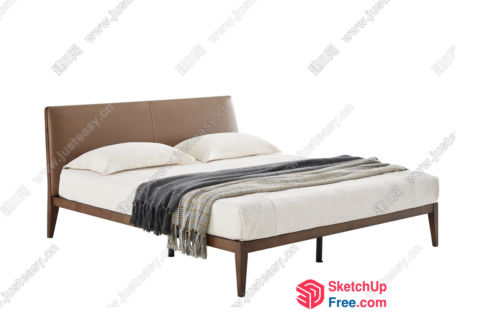 Minimalist Style Modern Bed With Leather Headboard And Wooden Frame 3D SketchUp File