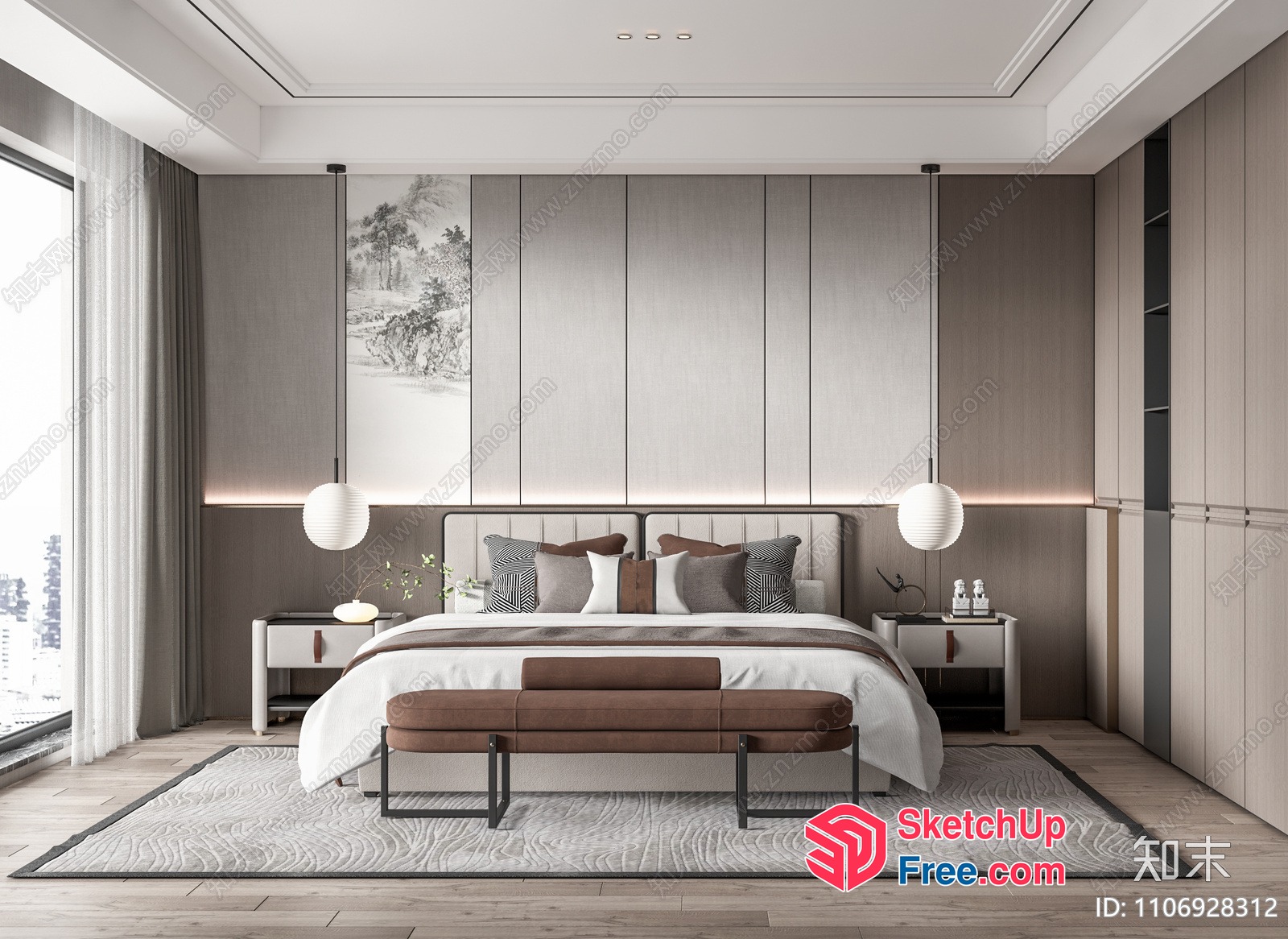 Modern Minimalist Bedroom With Large Bed And Pillows 3D SketchUp File