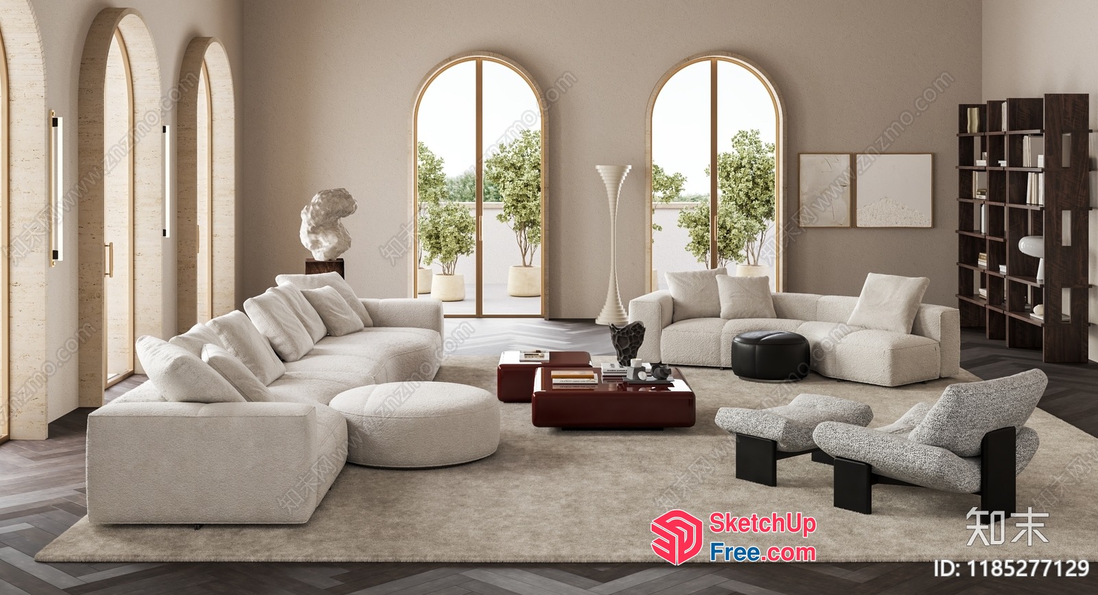Modern Living Room With Arched Windows And Neutral Decor 3D SketchUp File