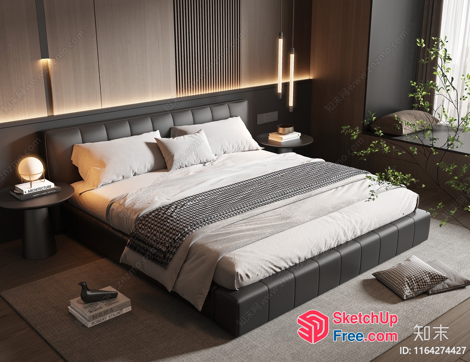Modern Bedroom With Bed, Pillows, And Nightstands 3D SketchUp File