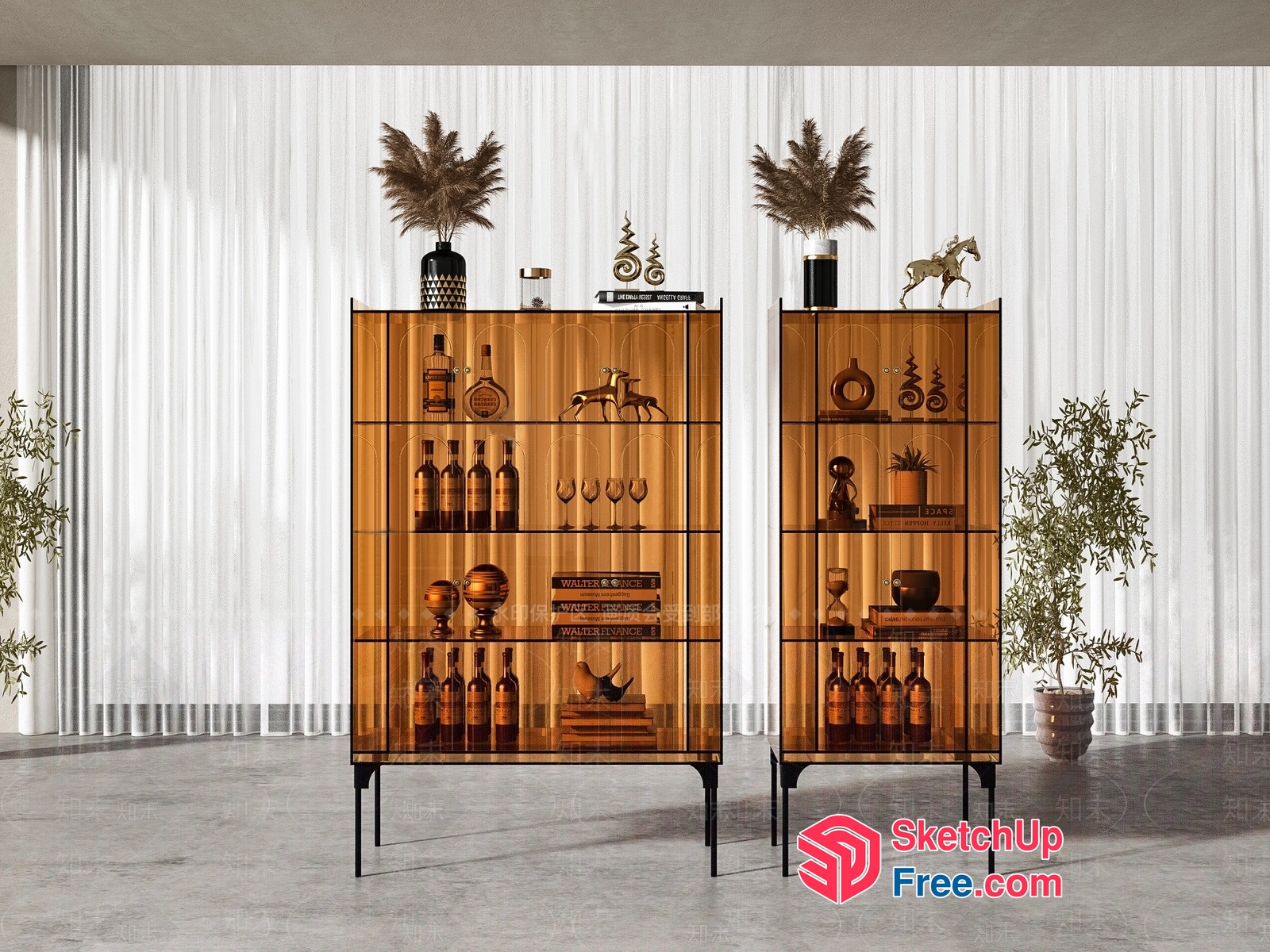 Elegant Glass Cabinet With Wine Bottles And Decorative Items 3D SketchUp File