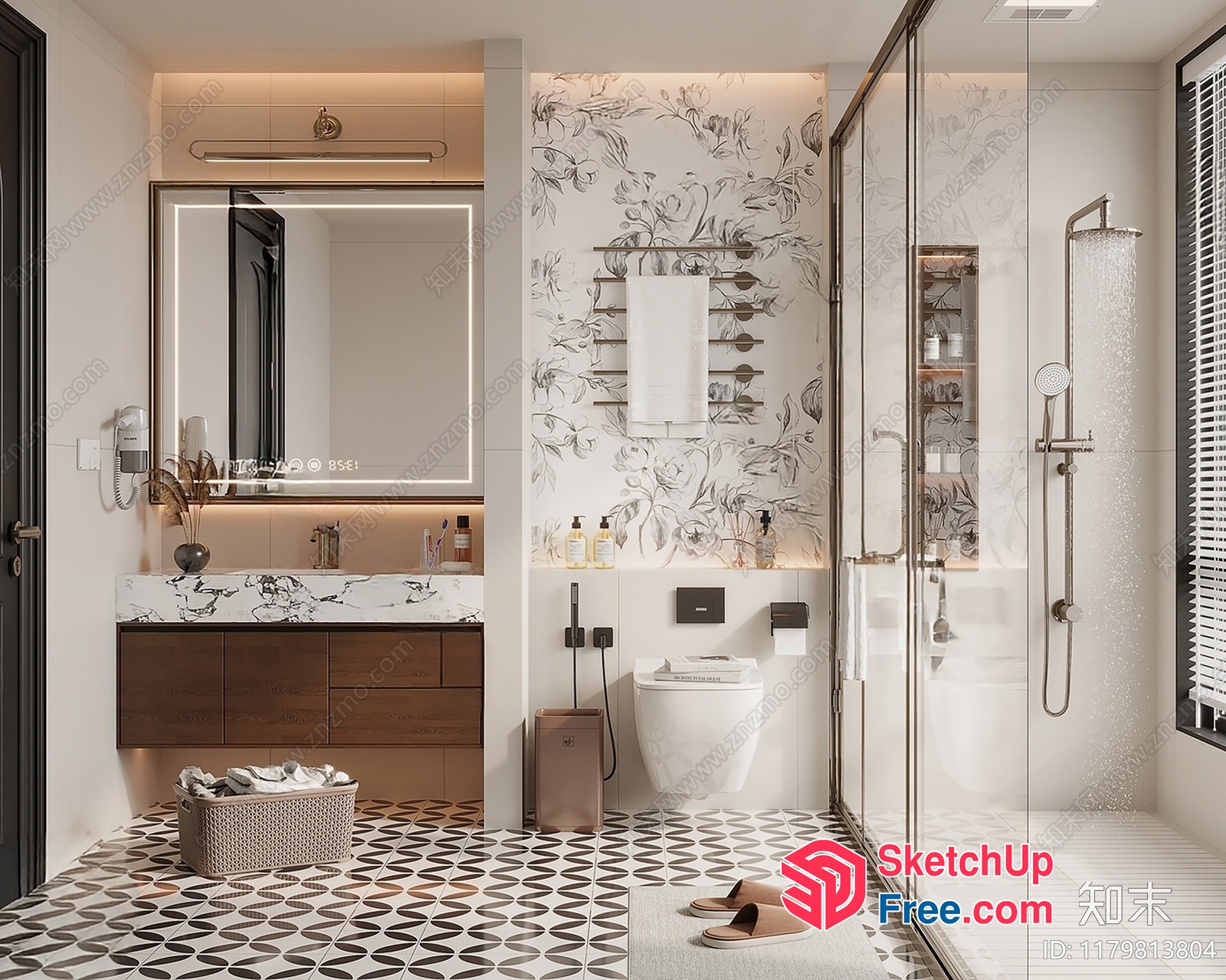 Modern Bathroom With Floral Accents And Patterned Flooring 3D SketchUp File