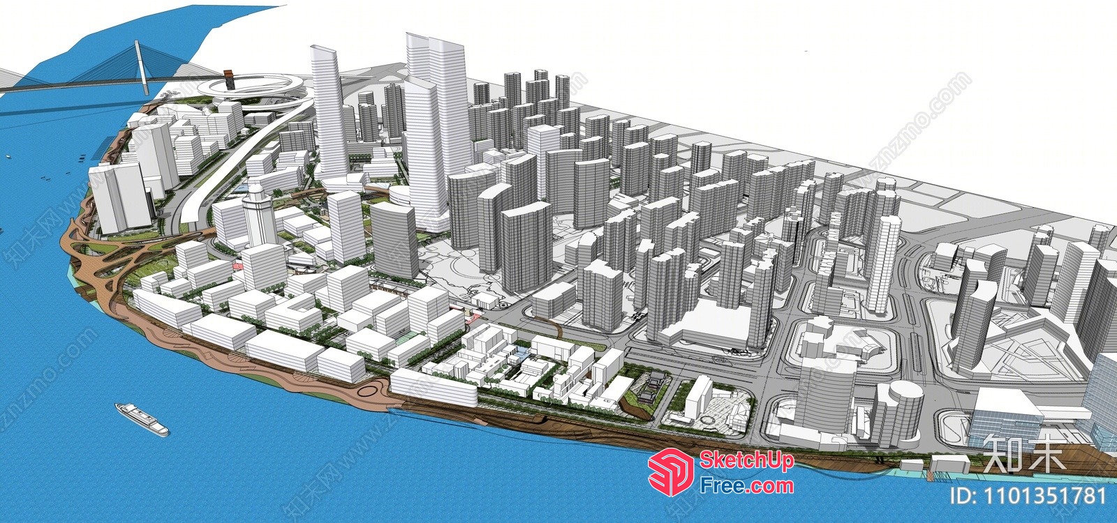 3D Cityscape With Waterfront And Bridge 3D SketchUp File