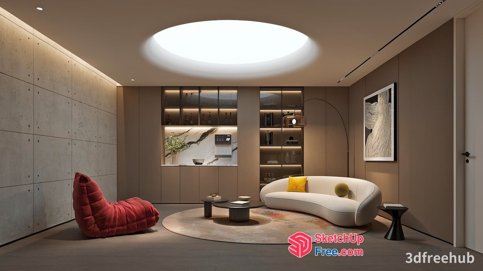 Modern Living Room With Curved Sofa And Round Table 3D SketchUp File