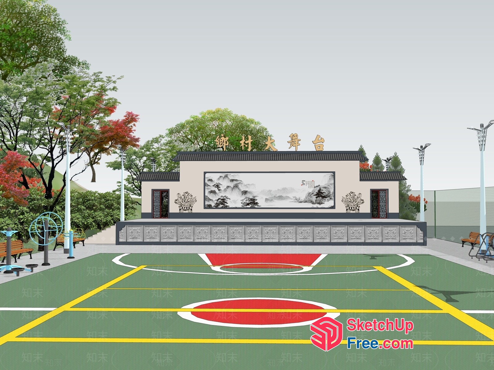 Outdoor Basketball Court With Traditional Chinese Elements 3D SketchUp File