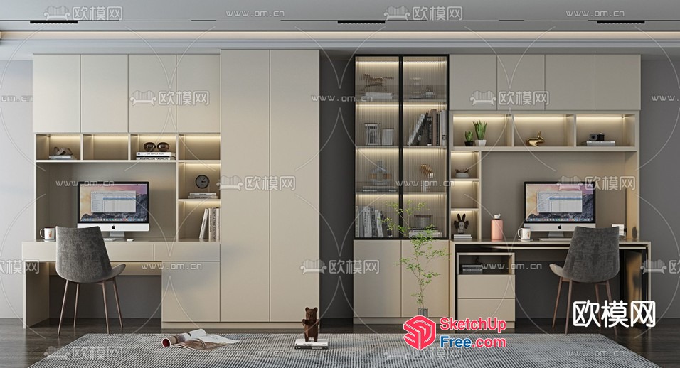 Modern Office Space With Dual Desks And Shelving 3D SketchUp File