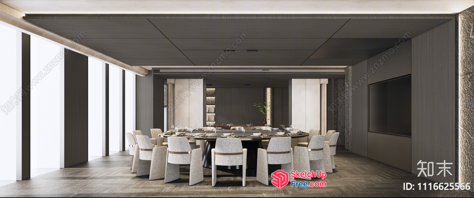 Modern Dining Room With Round Table And White Chairs 3D SketchUp File