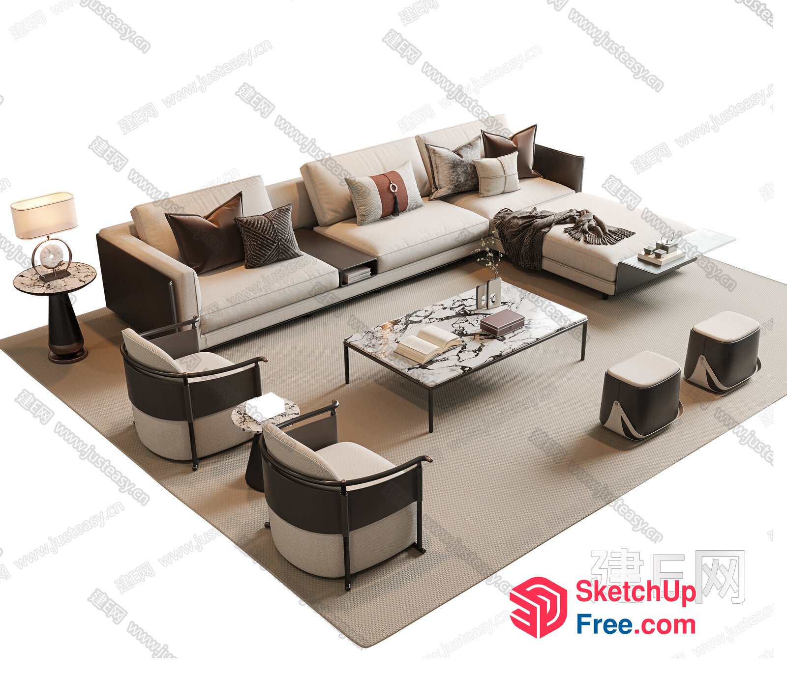 Modern Living Room Furniture Set With Cream And Brown Colors 3D SketchUp File