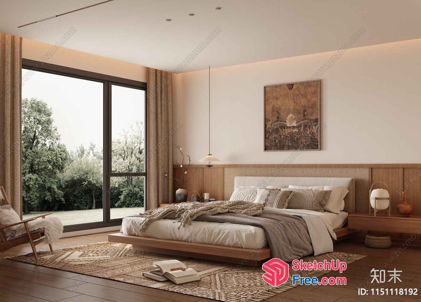 Modern Minimalist Japanese Style Bedroom With Large Window 3D SketchUp File