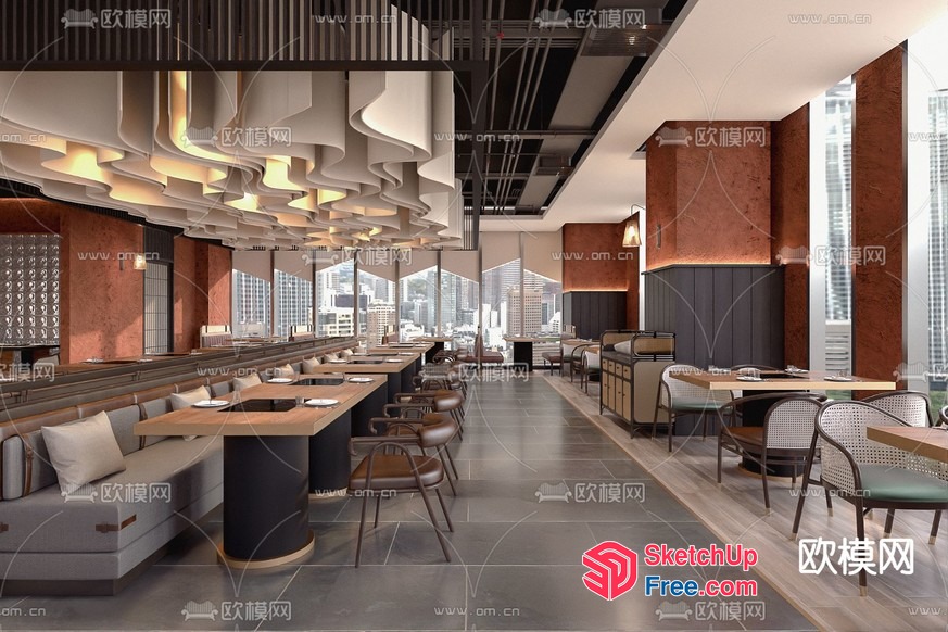 Modern Restaurant Interior With City View 3D SketchUp File