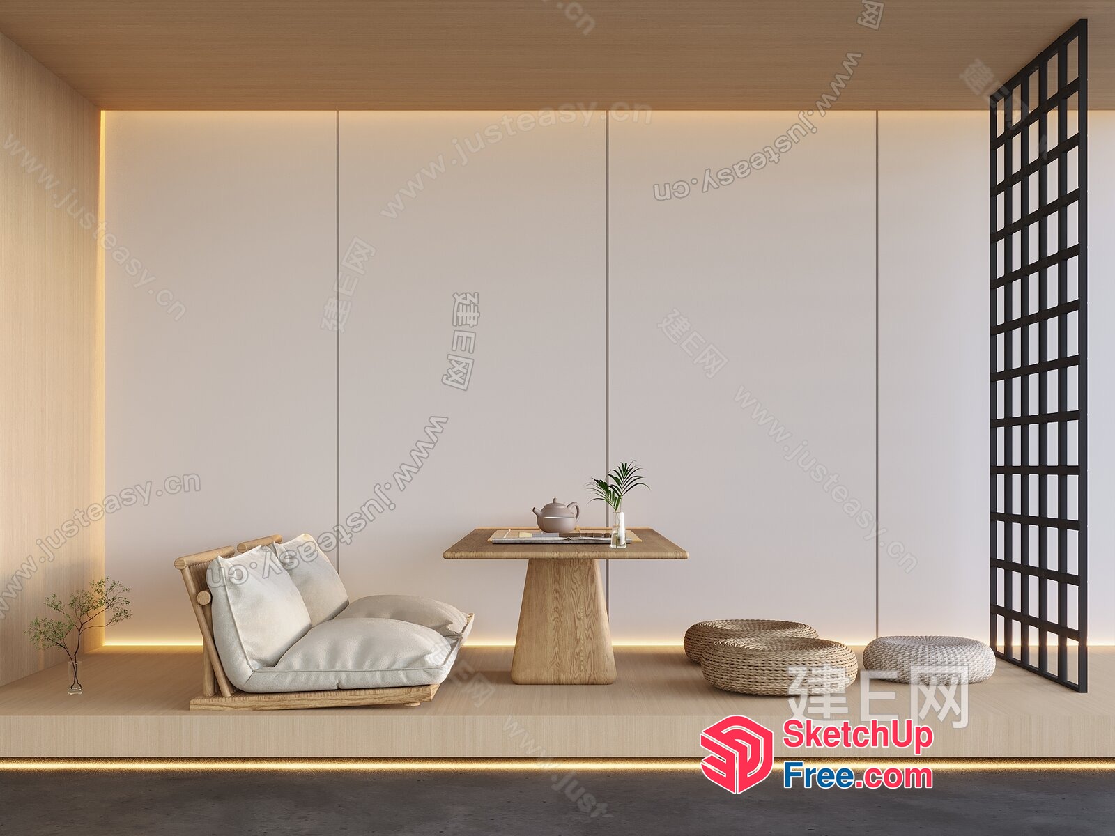 Minimalist Japanese Style Living Room With Natural Wood Accents 3D SketchUp File