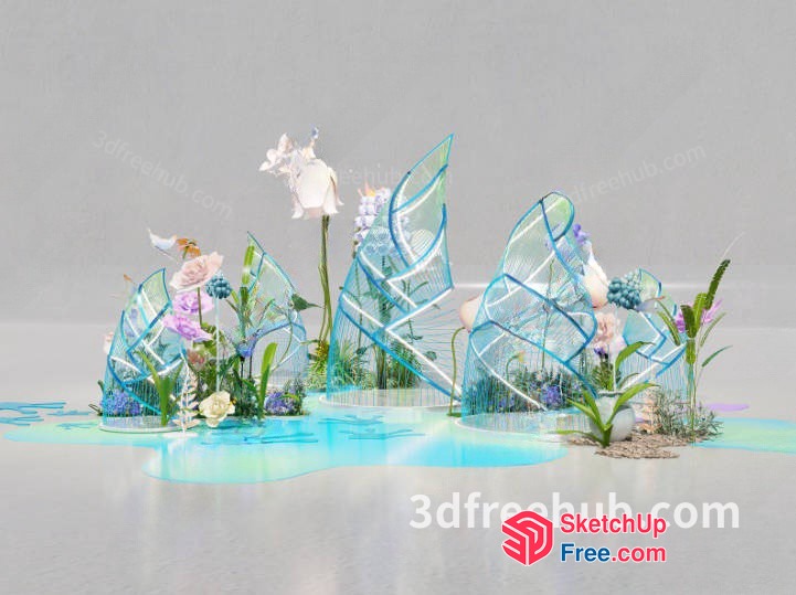 3D Artistic Floral Arrangement With Glass And Metal Decor 3D SketchUp File