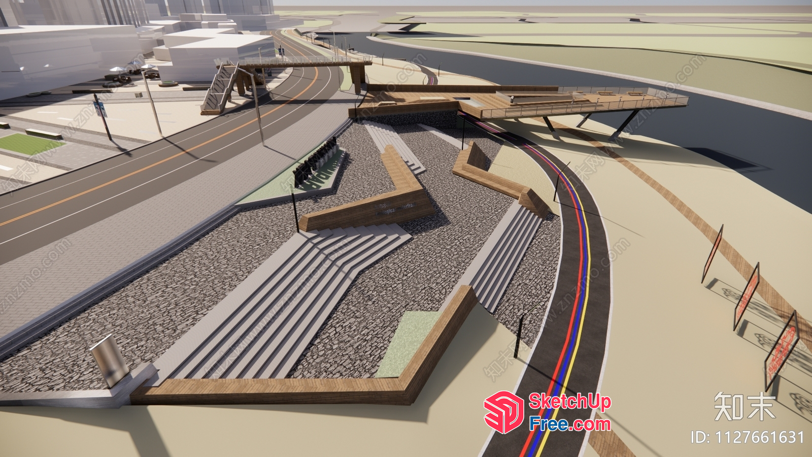 3D Rendering Of A Modern, Curved Roadway With A Pedestrian Walkway 3D SketchUp File