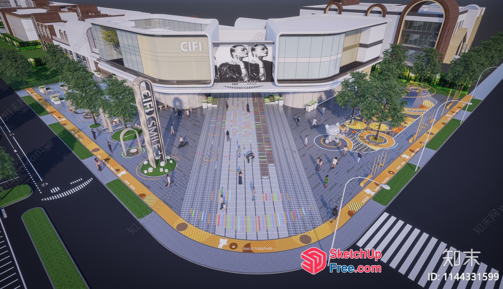 Modern Commercial Street With A Large Plaza And Shopping Mall 3D SketchUp File