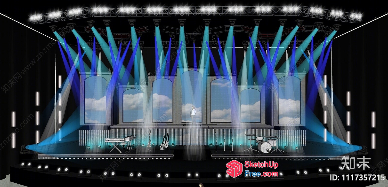 Stage With Cloudy Sky Windows And Blue Lights 3D SketchUp File