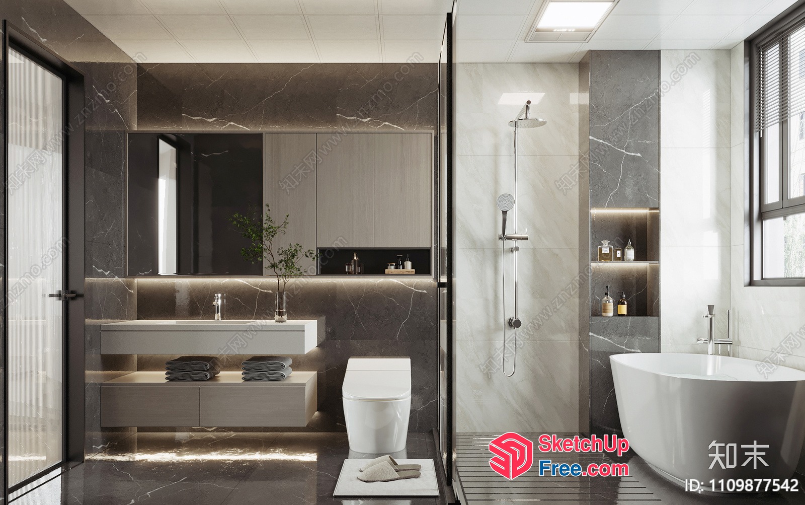 Modern Bathroom With Sleek White Fixtures And Dark Marble Flooring 3D SketchUp File