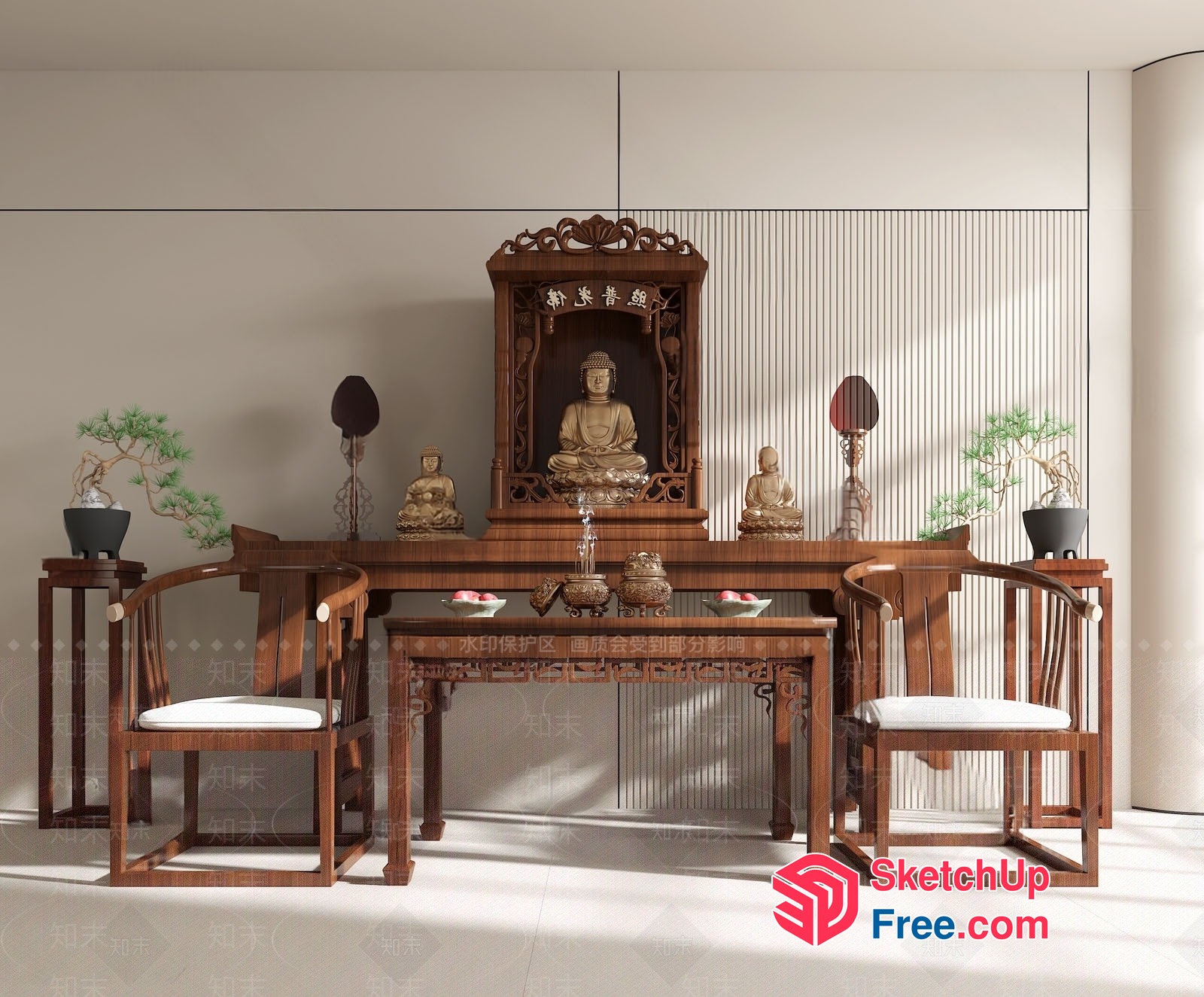 Buddhist Shrine With Carved Wooden Furniture 3D SketchUp File